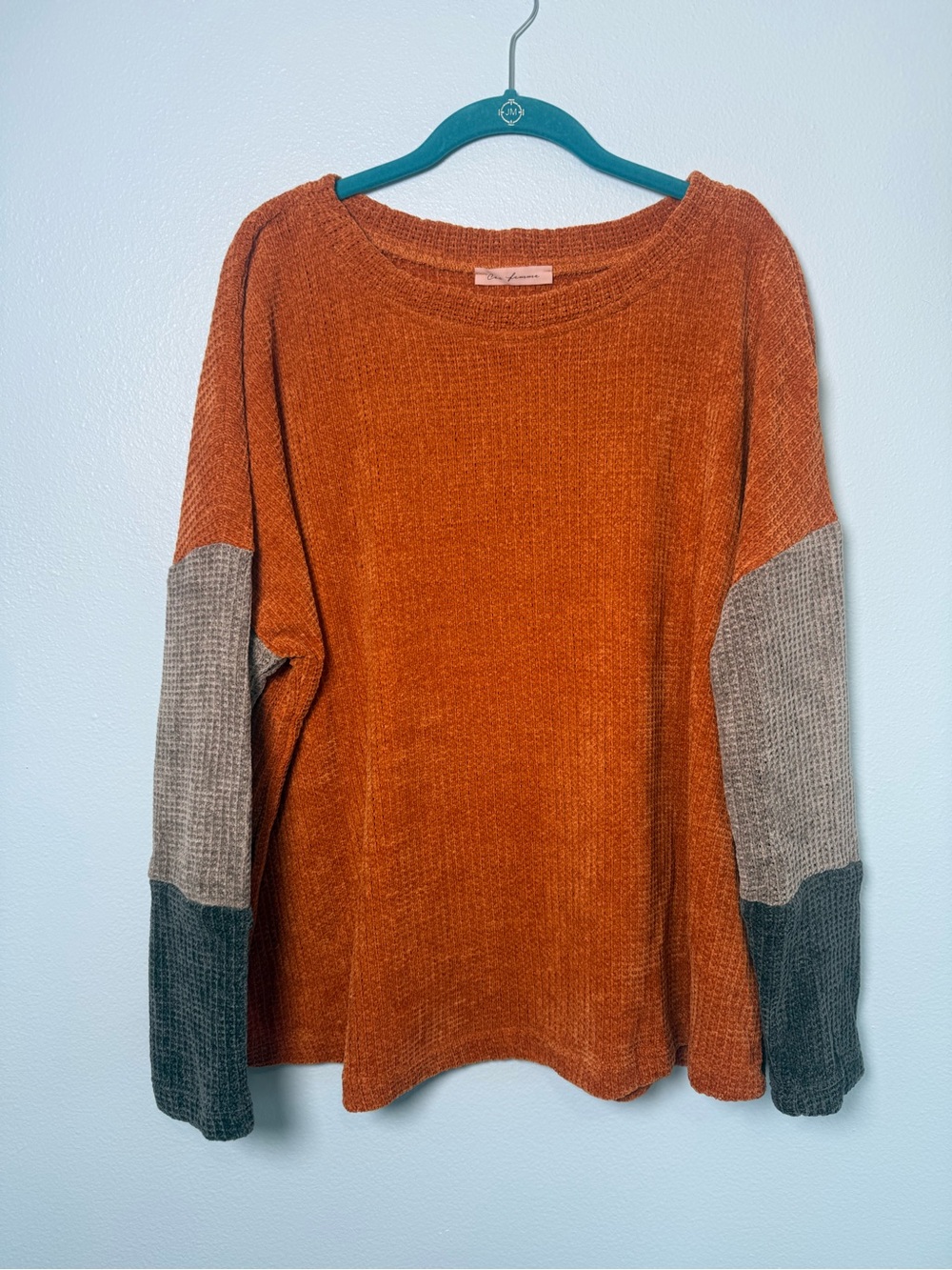 Ces Femme Rust Colorblock Oversized Crewneck Sweater with Gray and Charcoal